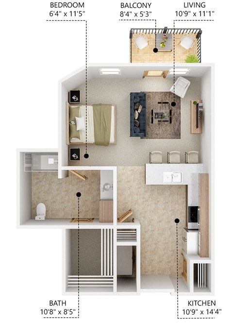 Floor plan for studio, 1 bath, 605 sqft